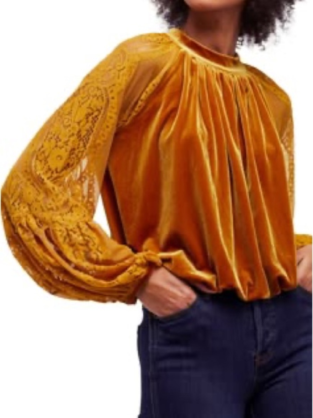 Free People Dream Team Velvet Lace Gold Velvet Lace Balloon-Sleeve Blouse RARE